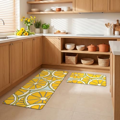 Kitchen Rugs for Floor 2 Pcs Memory Foam Padded Anti Fatigue Kitchen Mat - color: Lemon