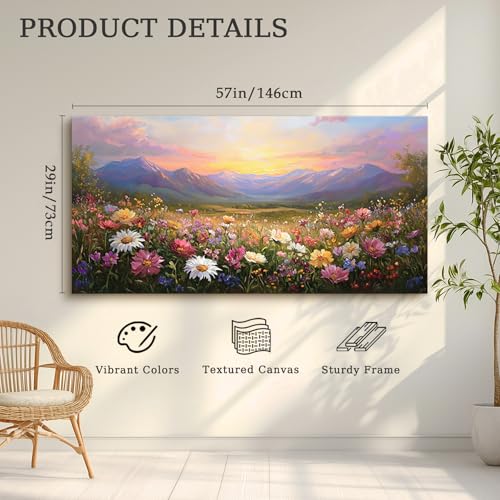 crmotu Rustic Oversized Canvas Art, Mountain Flower Sunset Prints 29"x57" - color: Mountains Sea of Flowers, size: 57"L x 29"W