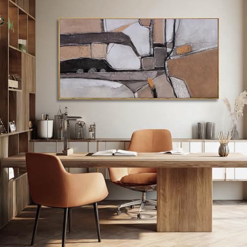 Brown Modern Neutral Abstract Canvas Wall Art 29x58 Inch, Large Framed Artwork with Wooden Frame, Contemporary Beige and Taupe Wall Decor for Living Room, Office, or Hallway - color: Brown & Beige, size: 58"L x 29"W