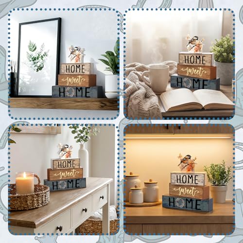 Cinnvoice 4 Pcs Chickadee Wooden Block Decor Farmhouse Tiered Tray Signs - style: Poppy Tit