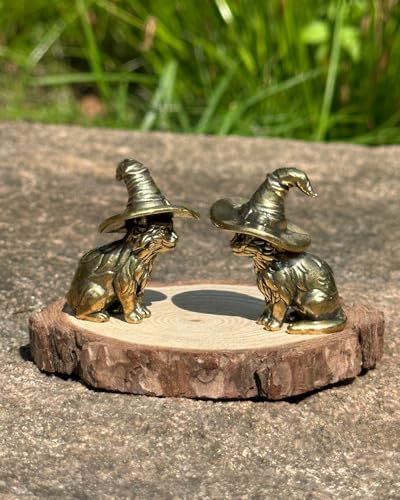 2Pcs Brass Witch Cat Statues, Mini Wizard Hat Figurines for Shelf Desk