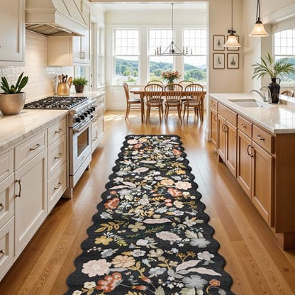 3x15 Hallway Runner Rug Washable: Scalloped Floral Long Kitchen Rug Black - color: Black, size: 3' x 15' (Runner)