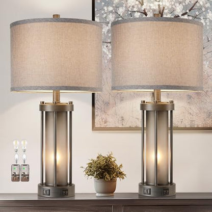 RORIA Set of 2 Rustic Table Lamps for Living Room with 2 USB Ports - color: Gray