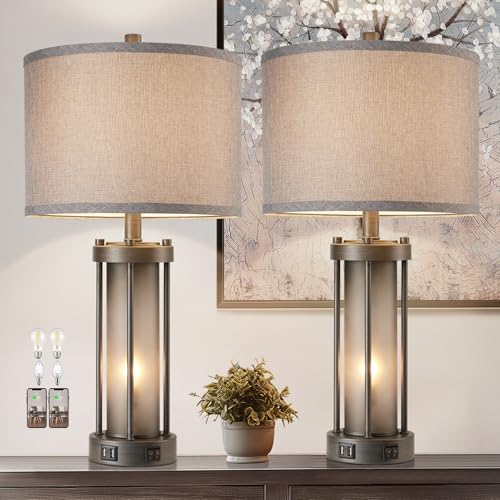 RORIA Set of 2 Rustic Table Lamps for Living Room with 2 USB Ports - color: Gray