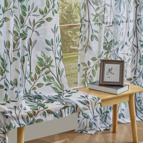 Green Leaves Sheer Curtains for Living Room 84 Inch Length 2 Panels - color: Leaf | Green, size: 50"W x 84"L (Pack of 2)