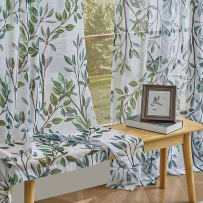 Green Leaves Sheer Curtains for Living Room 84 Inch Length 2 Panels - color: Leaf | Green, size: 50"W x 84"L (Pack of 2)