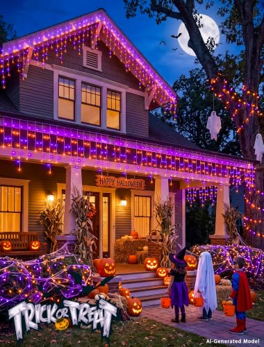 Halloween Icicle Lights Outdoor,300 LED Purple and Orange Lights - color: Orange Purple