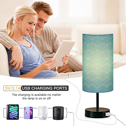 CINSARY Touch Control Bedside Lamp with 2 USB Ports, 3-Way Dimmable Table lamp for Bedroom, Nightstand Lamp with Round Blue Fabric Shade for Living Room Home Office (E26 LED Bulb Included) - color: Blue-15" H