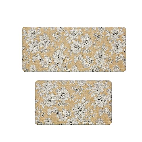Laura Ashley - Anti-Fatigue Kitchen Mat, Iris Floral Design, Stain, Water & Fade Resistant, Cooking & Standing Relief, Non-Slip Backing, 2 Piece Set, Tawny Yellow - color: Tawny Yellow, size: 48"L x 17.5"W / 28"L x 17.5"W