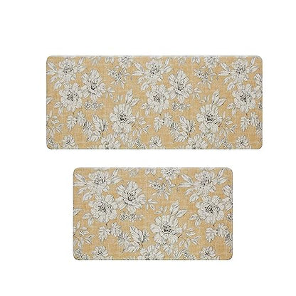 Laura Ashley - Anti-Fatigue Kitchen Mat, Iris Floral Design, Stain, Water & Fade Resistant, Cooking & Standing Relief, Non-Slip Backing, 2 Piece Set, Tawny Yellow - color: Tawny Yellow, size: 48"L x 17.5"W / 28"L x 17.5"W