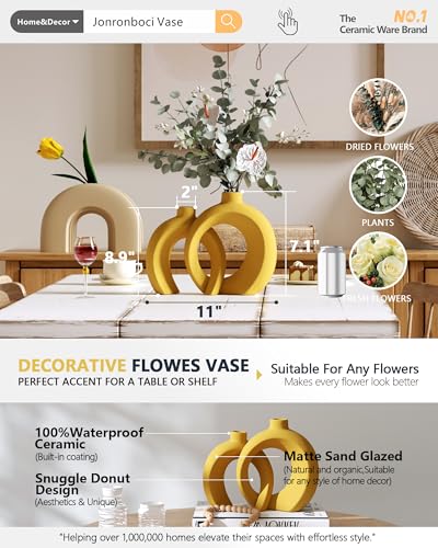 Set of 2 Yellow Ceramic Vases for Home Decor Accents - Unique Hollow Donut Artistic Design Mid-Century Modern Eclectic Style Decorative Vases for Shelf, Mantel, Entryway Table Decor (Matte Yellow) - color: Matte Yellow