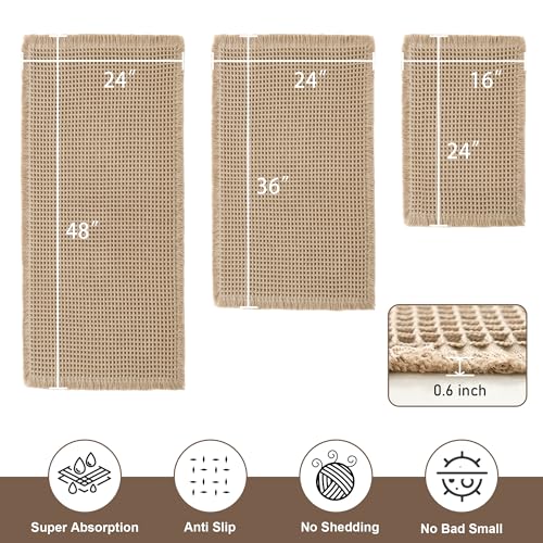 JIUZHEN Set of 3 Waffle Bathroom Rugs Boho Bath Mat 16"x24"+24"x36"+24"x48" - color: Brown, size: 16"x24" + 24"x36" + 24"x48"