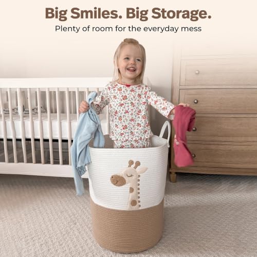 Giraffe Baby Laundry Basket, Tall Woven Rope Nursery Hamper, 20x15 in - color: Giraffe