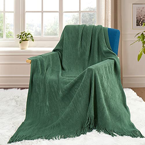 Homiest Dark Green Knitted Throw Blanket with Fringe, 50x60 Inch - color: Dark Green, size: 50" x 60"