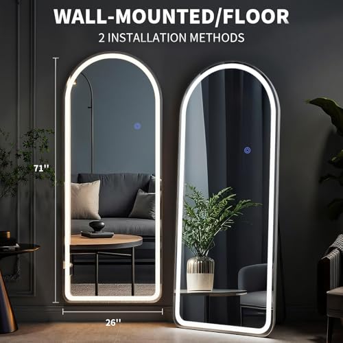 VooBang 71"x26" LED Arched Mirror Full Length with Dimmable Lights - color: White, size: 71"L x 26"W