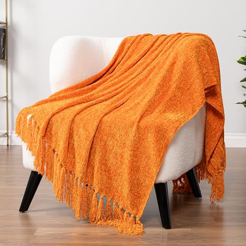 PAVILIA Chenille Throw Blanket, Knit Sofa Couch Tassel Throw, Orange 50x60 - color: Orange, size: 50 X 60 Inches - Throw