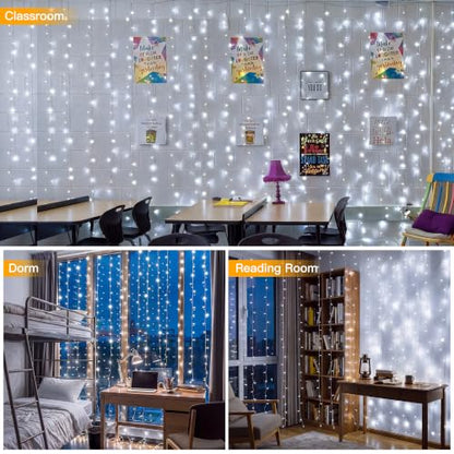 Ollny 200LED Curtain Lights 6.6ftx6.6ft, Cool White String Lights Plug in - color: Cool White, size: 200 LED