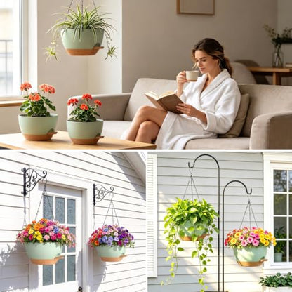 8 Inch Self Watering Hanging Planters Set of 3 with Saucers - color: Green Brown, size: 8 Inch 3 Pack