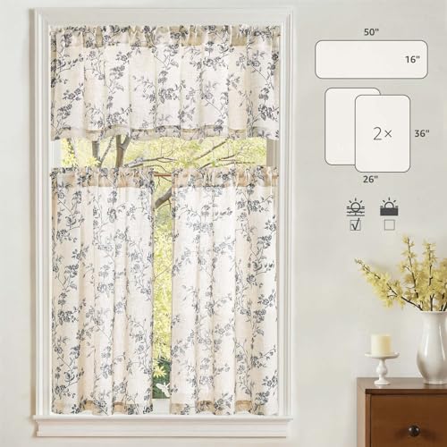 jinchan Black Linen Floral Kitchen Tier Curtains and Valance Set 3 Pieces - color: Alisa | Black on Linen, size: 26"W x 36"L (Pack of 3)