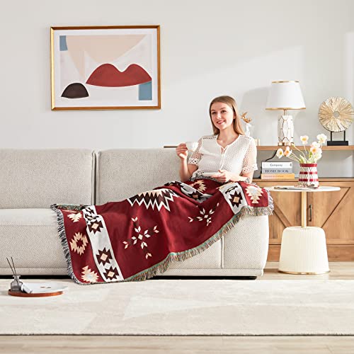 Touchat Native American Blanket Boho Throw Blanket for Sofa and Bed, Mexican Decorative Farmhouse Blanket, Southwest Decor Woven Blankets, Aztec Throw Blankets Bohemian with Tassel(Wine,50×60 inch) - color: Wine