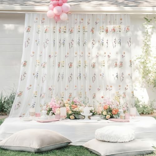 Tegeme 10x10 ft Wildflower Decor Backdrop Curtains Embroidery Sheer Floral