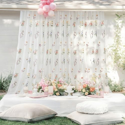 Tegeme 10x10 ft Wildflower Decor Backdrop Curtains Embroidery Sheer Floral