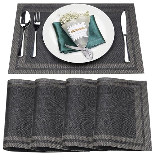 Black Vinyl Placemats Set of 4,Washable Dining PVC Table Mats | Heat resistant, stain resistant non slip vinyl place mats, washable black gold table placemats for dining table(Black gold) - color: Black Gold, size: 4PCS 12"Wx18"L
