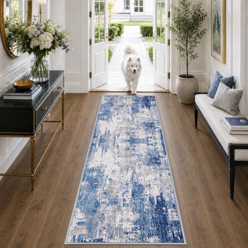 RELEANY Washable Runner 2'x6' Abstract Area Rug for Hallway Blue Gray - color: Blue/Gray, size: 2' x 6' (Runner)