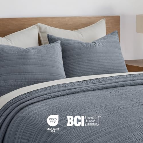 EVERGRACEHOME 100% Cotton Modern Lines Quilt Set Queen Size, Smoky Blue - color: Smoky Blue, size: Full/Queen (92" X 92")