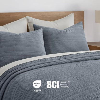 EVERGRACEHOME 100% Cotton Modern Lines Quilt Set Queen Size, Smoky Blue - color: Smoky Blue, size: Full/Queen (92" X 92")