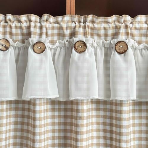 Beige Gingham Checkered Kitchen Short Curtain with Ruffle & Wooden Buttons - size: 39"W x 20"L (Pack of 1)
