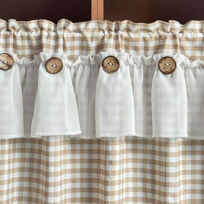 Beige Gingham Checkered Kitchen Short Curtain with Ruffle & Wooden Buttons - size: 39"W x 20"L (Pack of 1)
