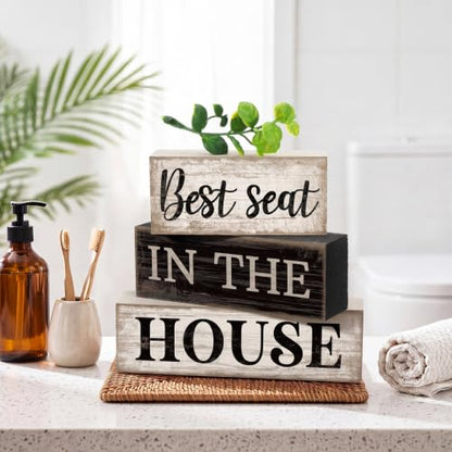 Moucuny 4 Pcs Bathroom Shelf Decor Sign Best Seat In The House Wooden Block - style: Best Seat in the House
