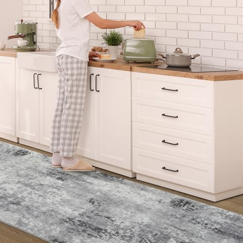 Kelarea Washable Runner Rug 2x6, Non-Slip Low Pile Abstract Grey - color: Light Grey, size: 2' x 6' (Rectangular)