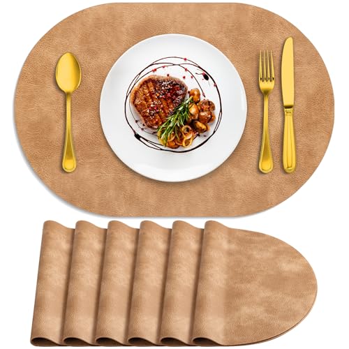 ADRIMER Oval Placemats Set of 6, Wipeable Faux Leather, Camel - color: Camel