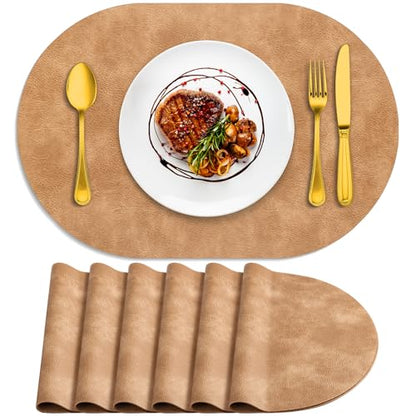 ADRIMER Oval Placemats Set of 6, Wipeable Faux Leather, Camel - color: Camel
