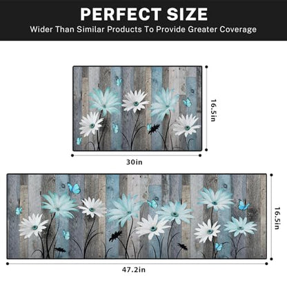 Kitchen Rugs Set of 2 Non Slip WashableFloral Butterfly - color: Rustic Daisies