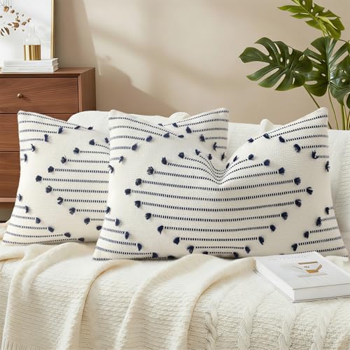 Mecatny Boho Outdoor Throw Pillow Covers 12x20 Set of 2 Navy & Cream White - color: Navy Blue, size: 20" x 12" (Pack of 2)