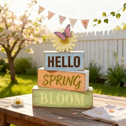 Spring Decoration Wooden Tiered Tray Decor – Rustic Hello Spring Bloom Stacked Block Sign with Butterfly Daisy Topper – Farmhouse Tabletop Spring Decor for Living Room Shelf Kitchen Coffee Bar Seasonal Home Display - style: Butterfly