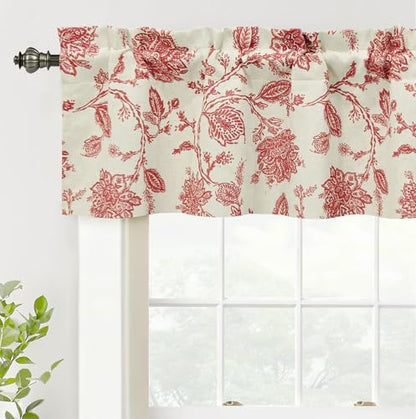 DriftAway Freda Jacobean Floral Linen Blend Blackout Thermal Insulated Energy Saving Privacy Window Linen Curtain Valance Rod Pocket 2 Layers Single 52 Inch by 14 Inch Plus 2 Inch Header Red Beige - color: Red, size: 52"W x 14"L (Pack of 1)