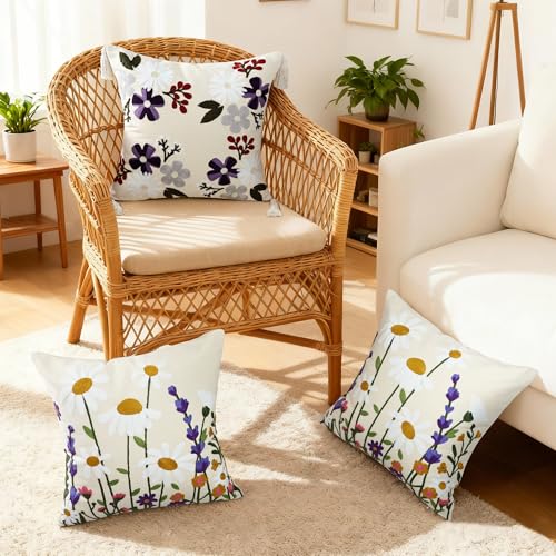 Floral Embroidered Pillow Covers 18x18 Inch Set of 1, White Purple - color: Blooming Daisy