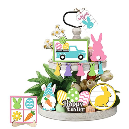 Jetec 12 Pcs Easter Tiered Tray Decoration Set - Easter Bunny Trail Carrot Table Signs Wooden Farmhouse Decoration for Spring Rustic Home Kitchen Decor - style: Bunny