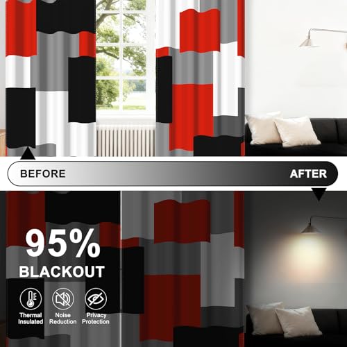 95% Blackout Curtains for Bedroom 63 Inch Long 2 Panels Set Red Gray White Modern Abstract Geometric Black Out Curtains Insulated Room Darkening Window Drapes for Living Room, 52Wx63L - color: 01 Red, size: 52"W x 63"L (Pack of 2)