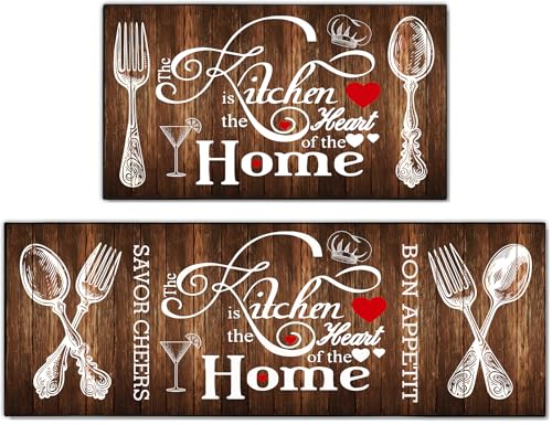 Farmhouse Kitchen Rug 2 Piece Set, Brown and White Rustic Vintage Style Theme Decor Kitchen Rugs, Absorbent Washable Non-Slip Floor Mats, Home Indoor Runner Carpet 17x30+17x47 Inches - color: Rustic Brown