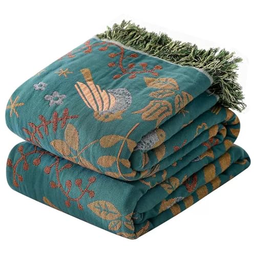 Boho Throw Blanket, 100% Soft Cotton Floral Quilt, Queen 80"x90" - color: Spring Blue, size: Queen 80"x90"