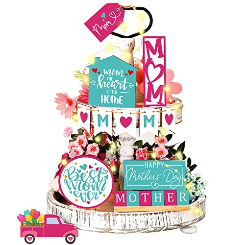 12 Pcs Mother's Day Tiered Tray Decor Happy Mother's Day Sweet Decorations Wooden Table Truck Flower Signs Gift for Mom - style: Best Mom