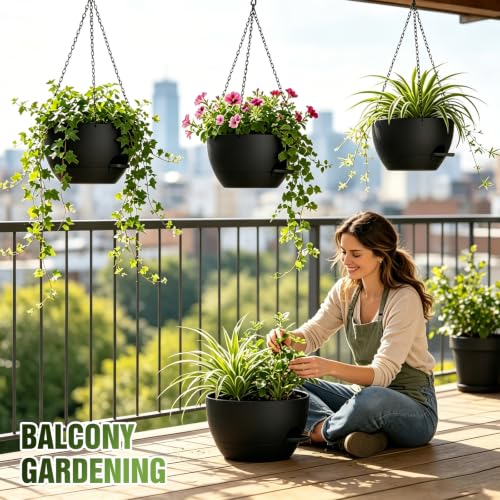 12 Inch Large Self Watering Hanging Planters 2 Pack with Saucers - color: Black, size: 12 Inch 2 Pack