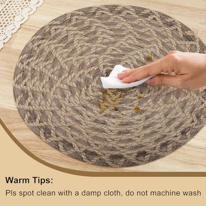 fanquare Natural 15" Round Burlap Placemats for Dining Table, Set of 6 Jute Woven Table Mats with Braided Wave Rim, Heat Resistant Rustic Boho Chargers - color: Brown