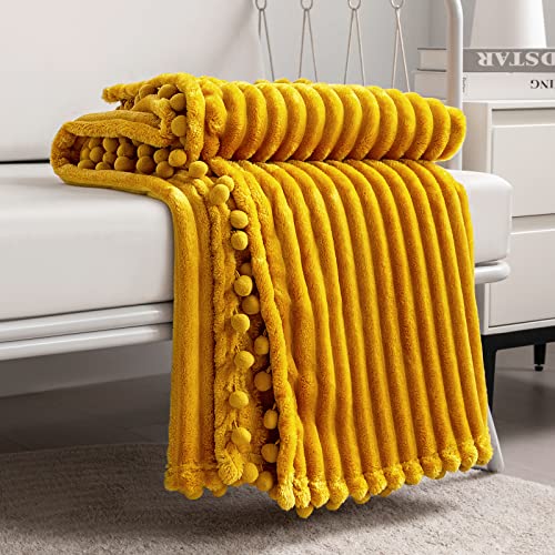 DISSA Fleece Blanket Queen Size – 90x90, Yellow - Soft, Plush, Fluffy, Fuzzy, Warm, Cozy – Perfect Throw for Couch, Bed, Sofa - with Pompom Fringe - Flannel Blanket - color: Yellow, size: 90x90"
