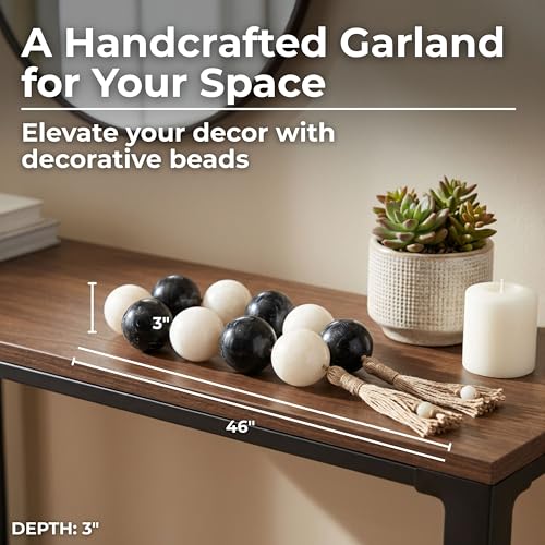Resin Decorative Objects Bead Garland – Shelf and Table Accent Decorative Object, Living Room and Entry Console Styling, Modern Decorative Objects for Layered Home Decor Texture – 46", Black & White